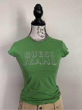 Y2K Guess Jeans green rhinestone model off duty baby tee